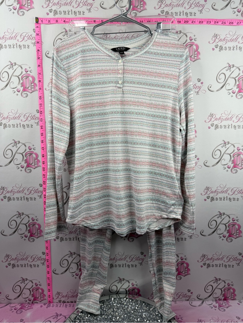Lauren Ralph Lauren pj set Pastel Striped Henley top pants in Pink, Gray & White
